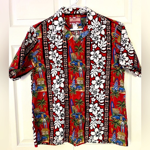 RJC Other - RJC Shirt Hawaiian Red White Hibiscus Flower Short Sleeve Cotton Large